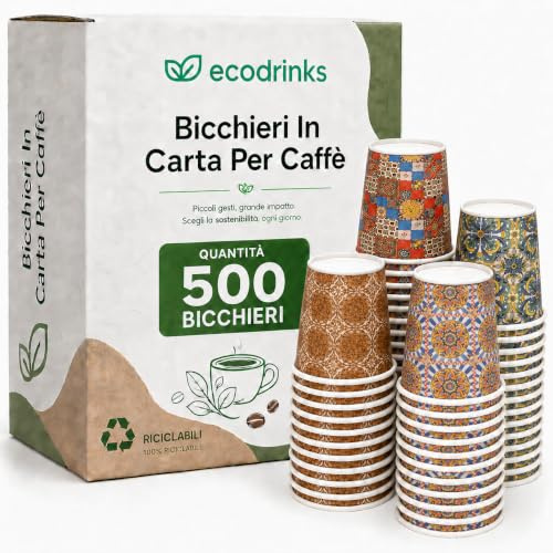 500 Bicchieri Caffe Carta Da 75ml - Set Bicchierini Monouso per Bevande Calde/Fredde - Biodegradabili, Eco-friendly e Made in Italy, Maiolica