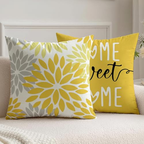 Vorysum 2er Set Kissenbezug 40x40 cm Gelb Dahlien Outdoor Kissen Modern Kissenbezüge Blumen Dekorative Sofakissen Samt Optik für Garten Sofa Wohnzimmer Bett Doppelseitiges Muster