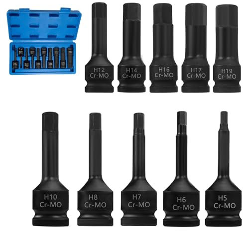 Zllzpzd 10 Pièces Douille a Choc 1/2 Douilles Torx,H5, H6, H7, H8, H10,H12, H14, H16,H17, H19,Jeu de Douilles à Impact à HEX Coffret Douille a Choc Jeu de clés Allen