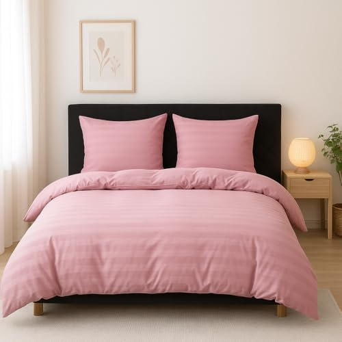 TEXTILOVE Bettwäsche 3-teilig Set 160x200 cm Rosa Gestreift aus Damast Mikrofaser Elegant Aesthetic Hotelbettwäsche 1 Bettbezug und 2 Kissenbezüge 70x80 cm Oeko-TEX 100
