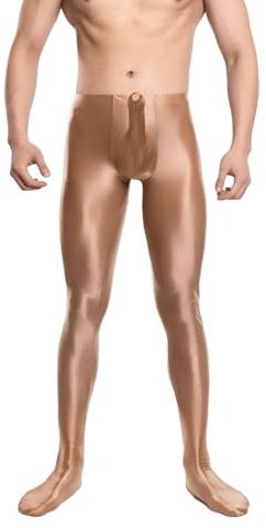 Fldy Herren Öl Glänzende Strumpfhose Mit Hülle Öl Glanz Leggings Glossy Nylon Herrenstrumpfhose Unterwäsche Lange Unterhose Kaffee L