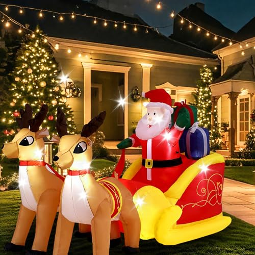 Willonin Aufblasbarer Weihnachtsmann, Schlitten und Rentiere, 220 x 110 x 130 cm, LED-Beleuchtung, Dekoration für Weihnachten, Außen, Party, beleuchtet (Farbe des Bildes)