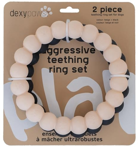 Dexypaws: Super Chew Rings - Beige & Black - 2pc Dog Teething Toys, Aggressive Chewers, Fetch & Tug, Textured Circles, Durable Rubber, Pet Play