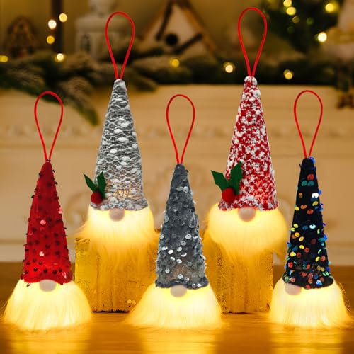 KDISHKRA 5 Stück Weihnachtsdeko Figuren, LED Weihnachtswichtel, Wichtel Figuren Weihnachten Deko mit Schnur, Aufhängbar, Weihnachtsdeko Innen Beleuchtet Weihnachtsbaumschmuck Kinder Erwachsene