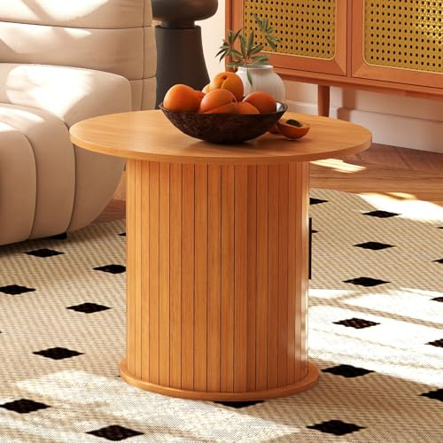 60CM Round Circle Coffee Table with Storage, Wood Centre Table for Living Room Small Space Table Sets, Bedroom, Balcony, Natural