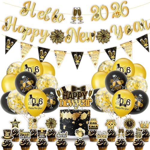 Silvester Deko 2026 XXL Party Set, Neujahr Deko 2026, Happy New Year Girlande, Neujahrs KuchenDekorationen, Schwarz Gold Luftballons Set Neujahrsballon für Silvesterparty Neujahr Deko