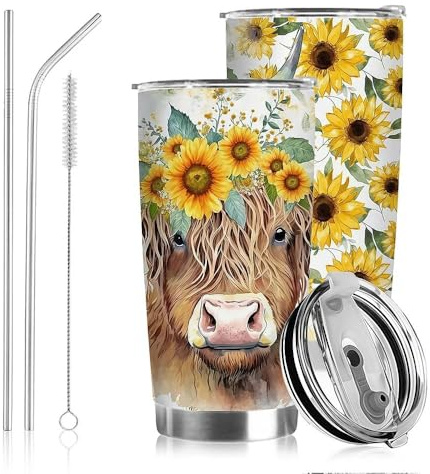 Fakcrkun Highland Cow Gifts for Women, Sunflower Highland Cow Stainless Steel Vacuum Coffee Cup, 20oz Personalized Travel Mug with Straws and Brush, Insulated Vacuum Water Bottle