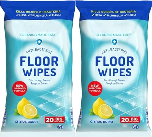 Antibacterial Floor Cleaning Wipes, 40 Wipes, 2 x 20, Citrus Burst | Thick citrus floor wipes for laminate, tile and hard floors, quick and easy cleaning