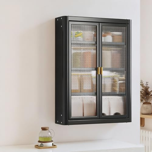 Hltdzer Hängeschrank mit Glastüren, Wandschrank Bad aus Kohlenstoffstahl, Schrank Wandmontage für Küche und Wohnzimmer mit Verstellbaren Einlegeböden(Black,4-Layer50*14 * 71cm/19.7 * 5.5 * 28in)