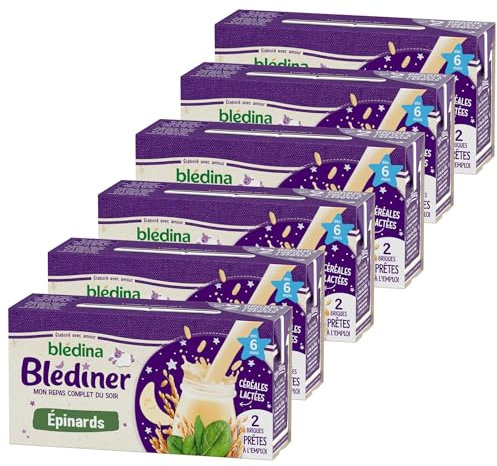 Blédina - Blédîner - Briques pour le Dîner de Bébé - Céréales Lactées Epinards - dès 6 Mois - 12 briques de 250ml
