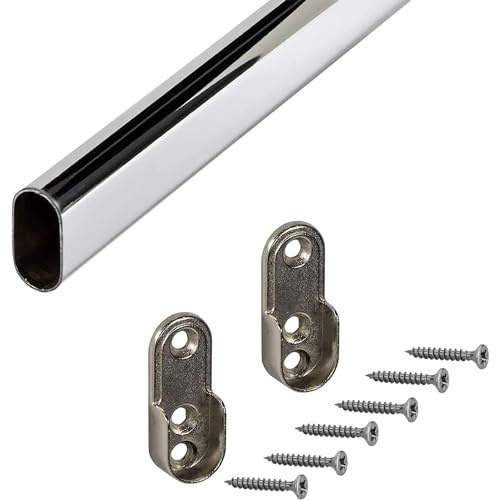 Gedotec Kleiderstange | OVAL | Schrankstange 1250 mm | 1 Set | Möbelrohr 30 x 15 mm | Schrankrohr Stahl verchromt | Schrank Stange mit 2 Stück Schrankrohrlager | Garderobenstange für Wandmontage