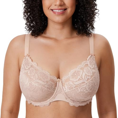 DELIMIRA Women's Full Coverage Lace Plus Size Bra | Underwire, Unlined, Floral Lace, Up to J