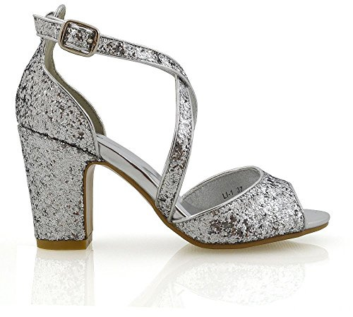 ESSEX GLAM Womens Strappy Sandals Block Mid Low Heel Sparkly Ladies Ankle Strap Glitter Party Evening Bridal Shoes Size 3-8