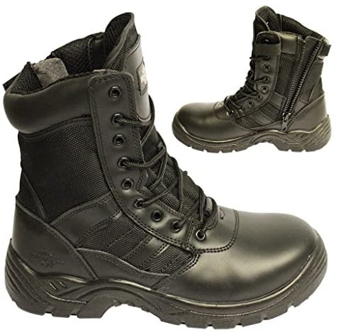 POWCOG Mens Delta Side Zip & Lace Up Army Tactical Combat Boots, Steel Toe, Oil & Slip Resistant For Work, Security, Cadet, Police, Military, Hiking