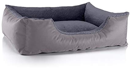 BedDog Hundebett Teddy, Hundesofa aus Cordura und Microfaser-Velours, waschbares Hundebett mit Rand, Hundekissen Vier-eckig, für drinnen, draußen, Größe L, grau-grau