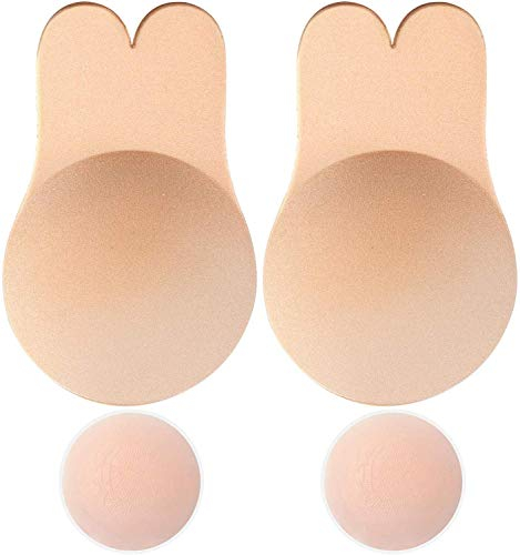 Memoryee Women's Push Up Adhesive Silicone Invisible Rabbit Bra Reusable Lifting Bra Cups Nipple Cover/Beige-1Pair/XXL(F/G Cup)