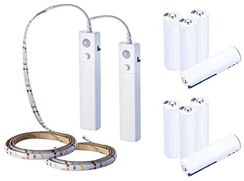 2 Kit Striscia Led a Batteria, 6V 2,4W 30 SMD Lunga 1 Metro, IP 65 Con Sensore Movimento, Ottimo Per Armadio Guardaroba Scale Corridoio Cucina (Bianco Caldo 3000k)