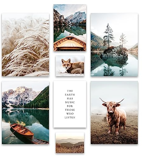 ARTFAVES® Ensemble d'affiches decoration murale - BELLE TERRE - 8 poster moderne - Salon et chambre montagnes, lac, paysage, Dolomites, bohème, herbe de la pampa - sans cadre