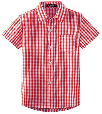 Spring&Gege Jungen Kurzarm Popeline Button Down Shirt Baumwolle Plaid Uniform Groß Kariert Dress Shirts, Rot Gingham, 140 146
