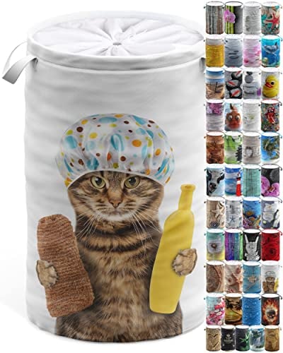 SANILO® Wäschekorb faltbar, stabiler runder Wäschesammler 60 Liter, Wäschesack mit Griffen und Abdeckung (Shower Cat)