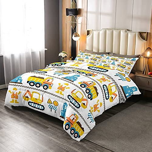 Homewish Ausrüstung LKW Bettzeug Bagger Bettdecke 135x200 Baukran Fahrzeuge Arbeitsfahrzeuge Betonschlepper Betonmischer, Blau Gelb Orange Schwarz Für Kinder Jungen Schlafzimmer Dekor