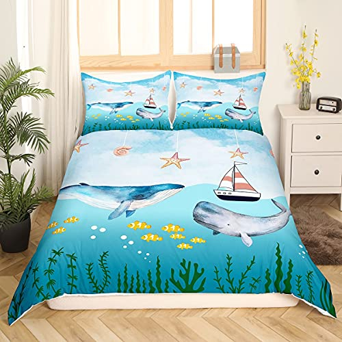 Wal Tröster Abdeckung,nautische Meerestier Bettwäsche Set für Kinder Jungen Mädchen,Seestern Conch Bettbezug,nautische Retro Segelboot Bettbezug Unterwasser Fisch Algen Schlafzimmer Dekor 135X200