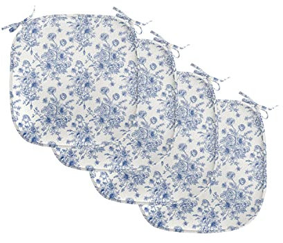 ABAKUHAUS Windröschen Polster für Esszimmerstühle, Blaue Blumen Corsage, Dekoratives wasserfestes Kissen mit Riemen für Küchensitze, 40 cm x 40 cm-4er Pack, Nachtblau Weiß