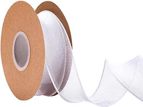 IHKFILAN 38 mm Drahtband zum Verpacken von Geschenken, Organzaband für Hochzeit, Geburtstag, Valentinstag, Weihnachtsdekoration, Chiffon-Bastelband für Haarsträuße (Weiß, 10 Yards)