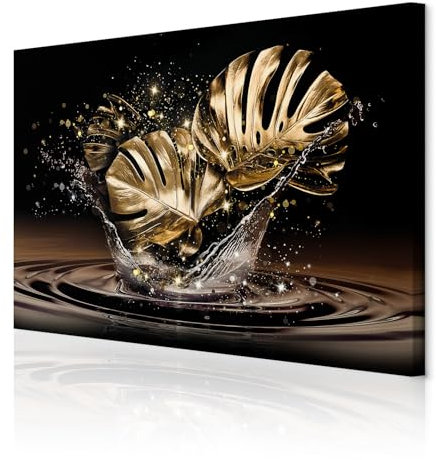 decomonkey - Impression sur Toile Intissé Or Monstera 120x80 1 Pièce - Tableau Décoration Appartement Cadre en Bois Photo Déco Salon Peinture sur Toile Maison