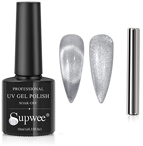 SUPWEE Silver Cat Eye Gel Nail Polish Cat Magnetic Gel Polish Wide Glitter Magnetic Nail Polish Soak Off UV/LED Gels Cats Eye Polish with Magnet Stick