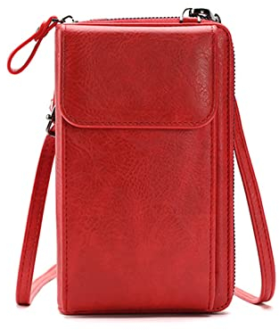 Kememo Kleine Handy Umhängetasche Damen, PU Leder Handytasche zum Umhängen mit Geldbörse Kartenfächer, Crossbody Umhängetaschen Geldbeutel Brieftasche Kleine Tasche, Rot