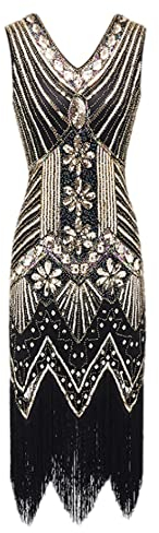HAHAEMMA 1920s Vintage Flapper Charleston Kleid - Gatsby Pailletten Quasten Saum Cocktail Abschlussball Abendkleid Party Kostüm (GO1,4XL)