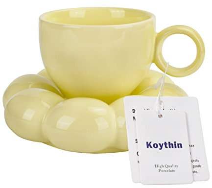 Koythin Ceramic Coffee Mug with Saucer Set, Creative Cute Cup with Sunflower Coaster for Office and Home, Dishwasher and Microwave Safe, 6.5 oz/200 ml for Tea Latte Milk (Lemon Yellow)