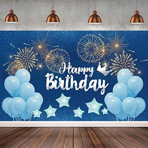 Happy Birthday Geburtstagsbanner Blau, 180 x 110cm Happy Birthday Hintergrund Banner, Große Geburtstag Banner Zeichen Poster für Jungen Mädchen Party Deko