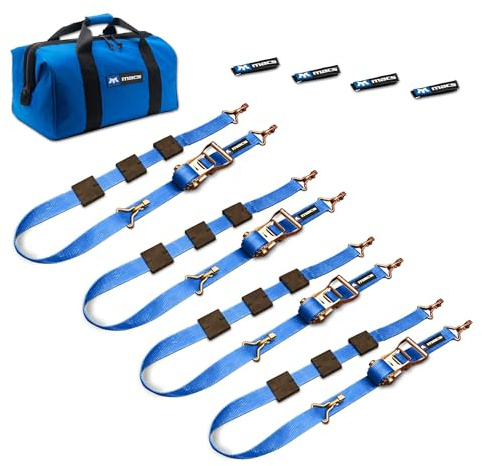 Mac’s Tire Block Strap Pack, 2 x 10' Tire Straps with VersaTie L-Track Ends, 3,335 lb. WLL - Includes Rubber Blocks, Idlers, Strap Wraps & Canvas Bag – Car Hauler Tie-Down Kit – Blue