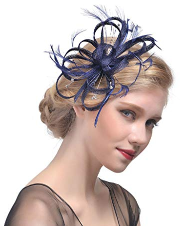 goodluxx Hochzeit Braut Fascinator Hut Rüschen Blume Feder Teeparty Frauen Mädchen Haarspange Glitzer Strass Vintage Bankett Kopfbedeckung Fascinator Hut Dunkelblau