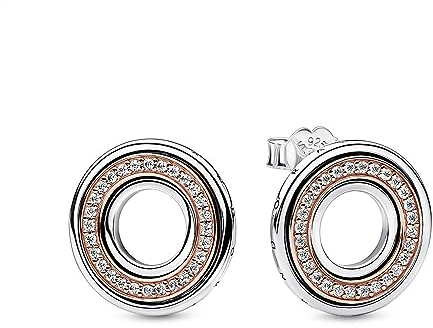PANDORA Signature Bicolor Logo & Pavé Ohrstecker aus Sterling Silber mit rosévergoldeter Metalllegierung, Zirkonia, Höhe: 15mm, 282780C01