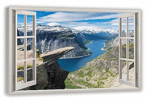 HUBDECO Leinwandbild Fensterblick Norwegens Fjorde Bild 120x80 cm - Landschaftsbilder auf Leinwand - Wandbilder Wohnzimmer - Bild Fenster mit Ausblick - Aesthetic Room Decor - Wanddeko Schlafzimmer