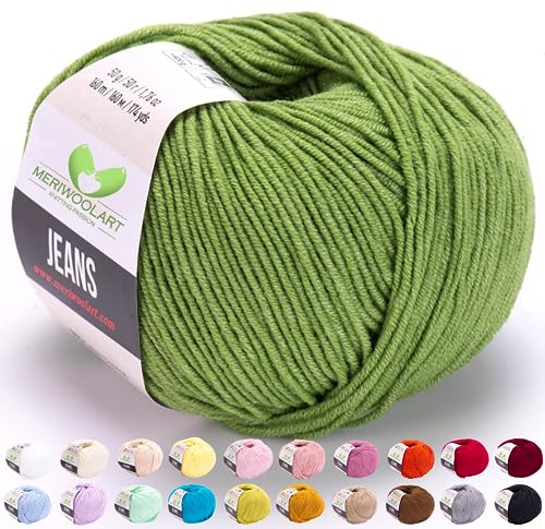 MeriWoolArt® Salbei Grün Baumwollgarn zum Stricken und Häkeln, Textilgarn, Stoffgarn, Baby Wollgarn für Handarbeiten, Babykleidung, Amigurumi, Babydecke, Pullover, Mützen und Accessoires