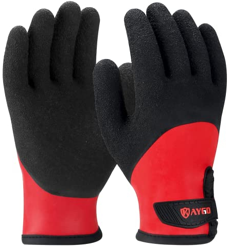 KAYGO Waterproof Thermal Work Gloves, Full Hand Latex Coated, Insulated Liner for Freezer Cold Weather Fishing Winter Outdoor Work, KG140 (Black Red, X-Large)