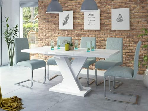 Sellon24® Esstisch Weiß Hochglanz Ausziehbar 120-170 cm, Esszimmertisch für 4-6 Personen, mit Synchronauszug - 120x76x80 cm (BxHxT) - Ausziehtisch Esszimmer Dixon