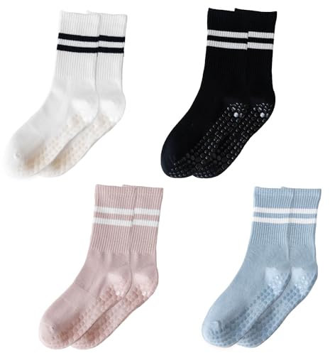 MAXQUU 4 Paia di Calzini Pilates Antiscivolo da Donna - Calzini Grip per Yoga, Caldi per Interni - Rosa, Nero, Bianco, Blu, 30-40