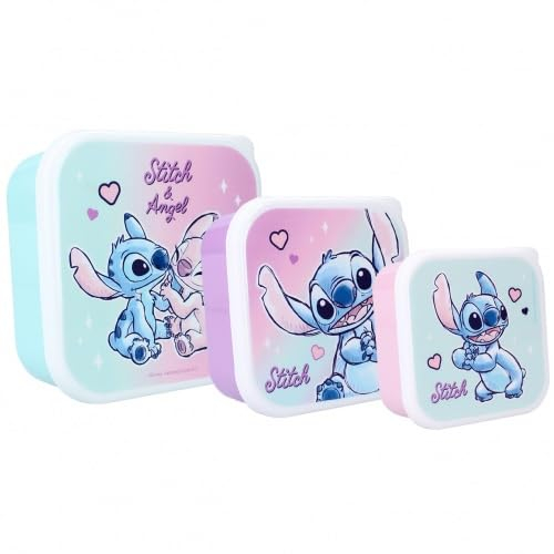 Lilo & Stitch Caja para aperitivos Snack Box – Kit de 3 recipientes porta merienda a encastre – Porta merienda aperitivos escuela guardería deporte