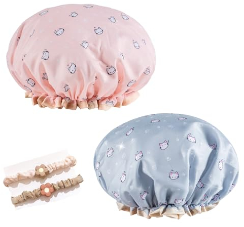 DHWEKU 2-teilige doppellagige Duschhaube,duschhaube damen,shower cap,badehaubewiederverwendbar,wasserdicht, doppellagig, mit elastischen Bändern, für Frauen,Spa, Salon,mit 2 Haarringen(rosa, blau)