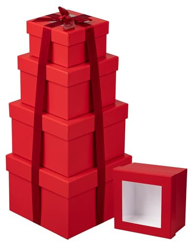 Briful Set of 4 Square Gift Box with Ribbon, Red Gift Boxes with Clear Lids, Cardboard Gift Boxes for Presents, Small Storage Boxes Assorted Sizes, Suitable for Gifts Crafting Packaging Box