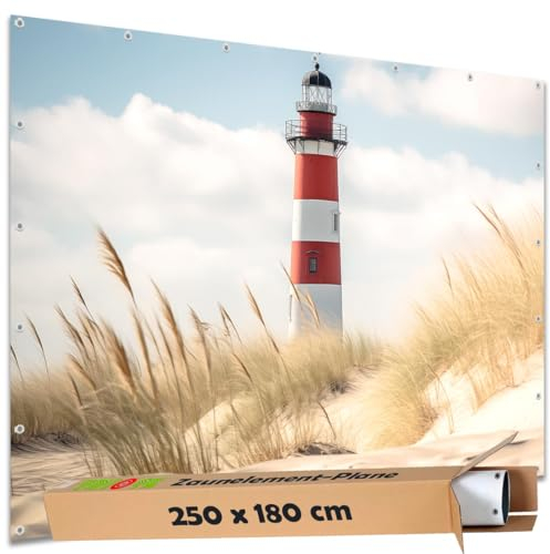 TRIOSK Sichtschutz Garten Deko Zaun Plane Blickdicht groß mit Zaunblende Motiv Leuchtturm Strand Düne für Zaunelement Doppelstabmatten Stabmattenzaun Gartenzaun PVC 250x180 cm