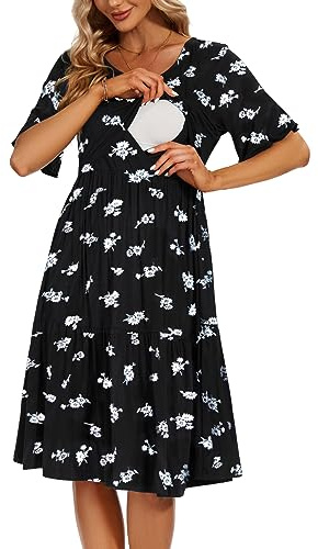 Smallshow Women's Maternity Nursing Dress Short Sleeve Ruffle Breastfeeding Clothes,Black Flowers,XXL