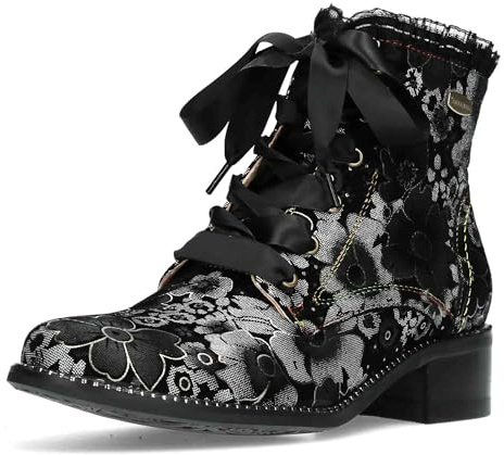 Laura Vita Damen Stiefelette Leder Blumenmuster Satinband Schnürsenkel Emcmao 45, Größe:37 EU, Farbe:Grau