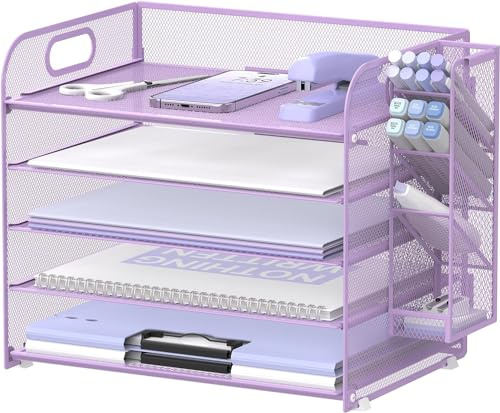 SUPTIDY 5 Etagen Schreibtisch-Organizer mit Griff, Briefablage, Lila | Papierablage und Akten-Organizer aus Netzmetall mit abnehmbaren Stifthaltern für Schreibtisch und Büro