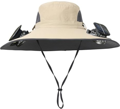 Men Women Wide Brim Sun Hats with 2 Solar Fan Waterproof Breathable Bucket Hat Outdoor Fishing Hat for Hiking Camping, Solid Khaki, One size